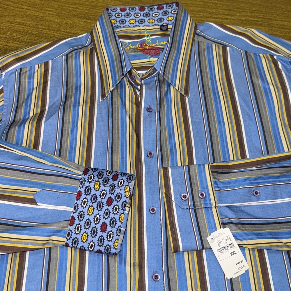Robert Graham Blue and Brown Striped Long Sleeve Dress Shirt Size 2XL